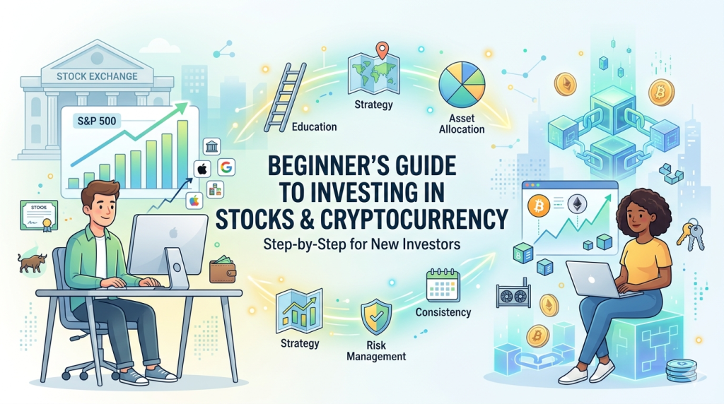 investing for beginners, how to invest in stocks, how to invest in cryptocurrency, stock market for beginners, cryptocurrency for beginners, beginner investing guide, how to buy stocks, how to buy Bitcoin, how to buy Ethereum, stock market investing, crypto investing, investment tips for beginners, how to start investing, best stocks for beginners, best cryptocurrency to invest in, what is cryptocurrency, what are stocks, how to build investment portfolio, index funds for beginners, ETF investing, dollar cost averaging, how to invest with little money, passive investing, long term investing, stock market tips, crypto trading for beginners, Bitcoin investing, Ethereum investing, altcoins, blockchain technology, how to open brokerage account, best brokerage for beginners, Coinbase, Robinhood, Fidelity, Vanguard, risk management investing, portfolio diversification, how to diversify investments, dividend stocks, growth stocks, value investing, S&P 500 index fund, fractional shares, compound interest investing, retirement investing, financial planning for beginners, how to invest in 2026, cryptocurrency exchange, crypto wallet, hardware wallet, two-factor authentication crypto, stablecoins, asset allocation, portfolio rebalancing, passive income investing, stock market basics, crypto basics, investment strategy, beginner portfolio, how to avoid investment scams, tax on investments, capital gains tax, investment mistakes to avoid, how to read stock market, cryptocurrency regulation, decentralized finance, smart contracts, investment risk tolerance, best investment apps, online investing, wealth building, financial independence, money management, stock vs cryptocurrency, safe investments for beginners