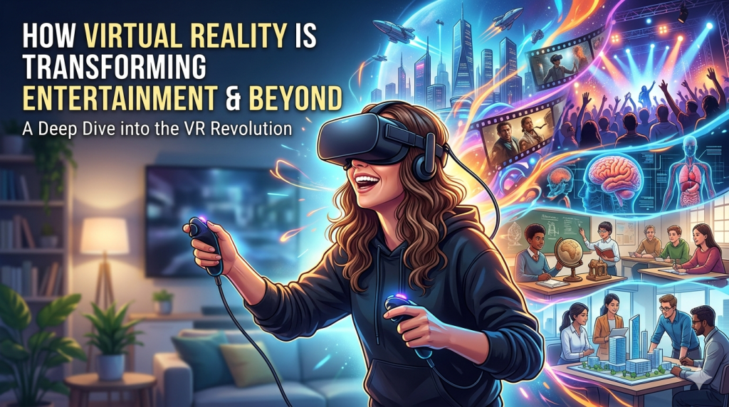 Virtual Reality, VR Technology, Immersive Entertainment, VR Gaming, Virtual Experiences, Metaverse, Mixed Reality, VR Headsets, Meta Quest, Apple Vision Pro, Spatial Audio, VR Cinema, Interactive Storytelling, VR Training, Medical VR, VR Therapy, Enterprise VR, Virtual Collaboration, Motion Tracking, Haptic Feedback, Social VR, Virtual Concerts, VR Education, Future of Entertainment, Immersive Technology