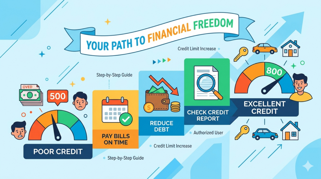 how to improve credit score, credit score 500 to 800, fix bad credit fast, credit score improvement tips, raise credit score in 12 months, credit repair strategies, how to build credit, increase credit score quickly, credit utilization tips, credit score from 500 to 800 in one year